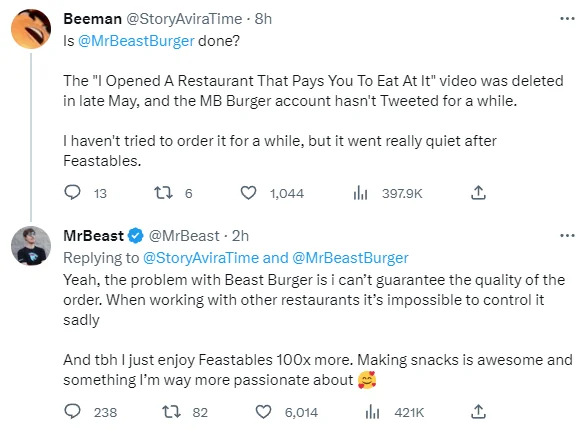 Mrbeast deleted tweet image proof about closing discussion about mrbeast burger with beeman on twitter