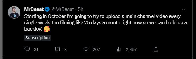 MrBeast Announces Ambitious Plan From October: Weekly Main Channel Videos and a $15 Million Monthly Budget!