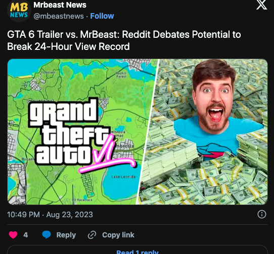 GTA 6 trailer breaks MrBeast's  record