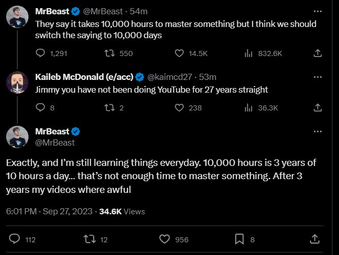MrBeast Challenges Conventional Wisdom on Mastery: "10,000 Days, Not Hours"