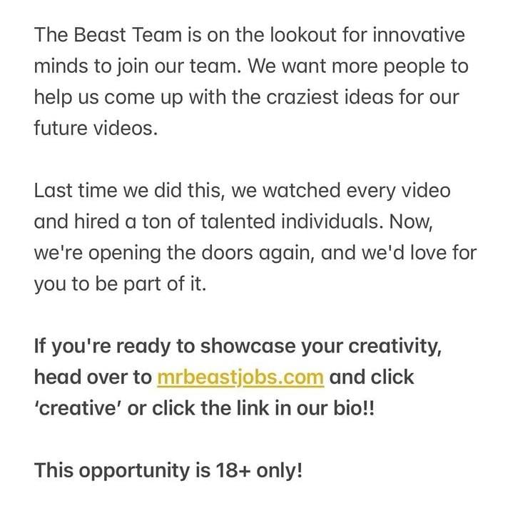 MrBeast Hiring New Team Members for the Next Big Video Ideas: Join The Beast Team Now!